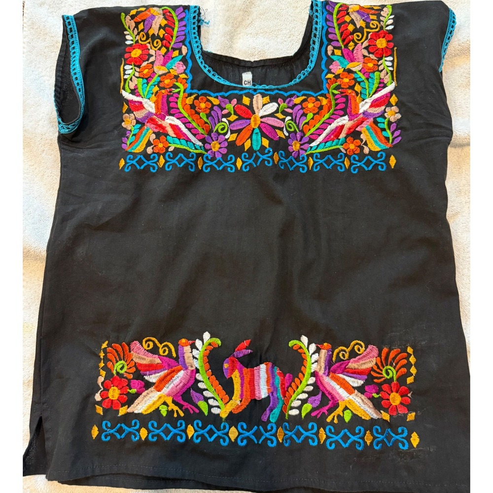 Mexican Floral Embroidered Blouse Black Boho Bird Handcrafted Top Small CH